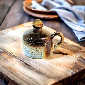 Delightful Vintage Stoneware Oil Pitcher Vase in Green and Beige with Wick Cap